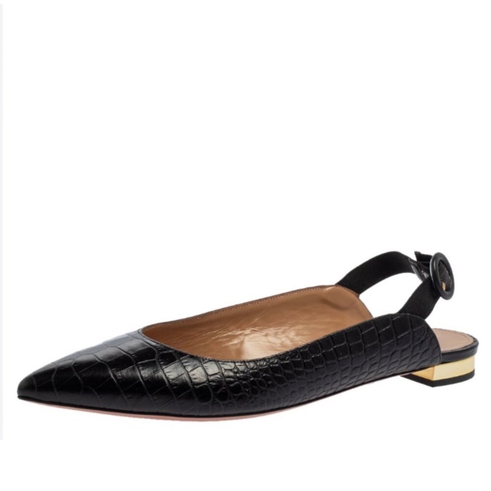 Aquazzura Black Croc Embossed Leather Slingback Pointed Toe Flats Size 38 $750